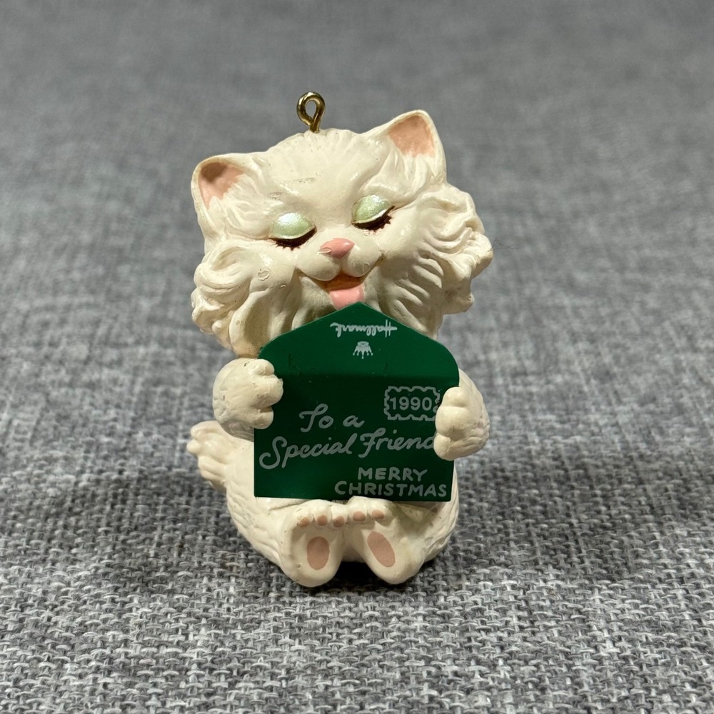 VTG Hallmark Keepsake Cat Ornament 1990 Friendship White Kitten Green Letter